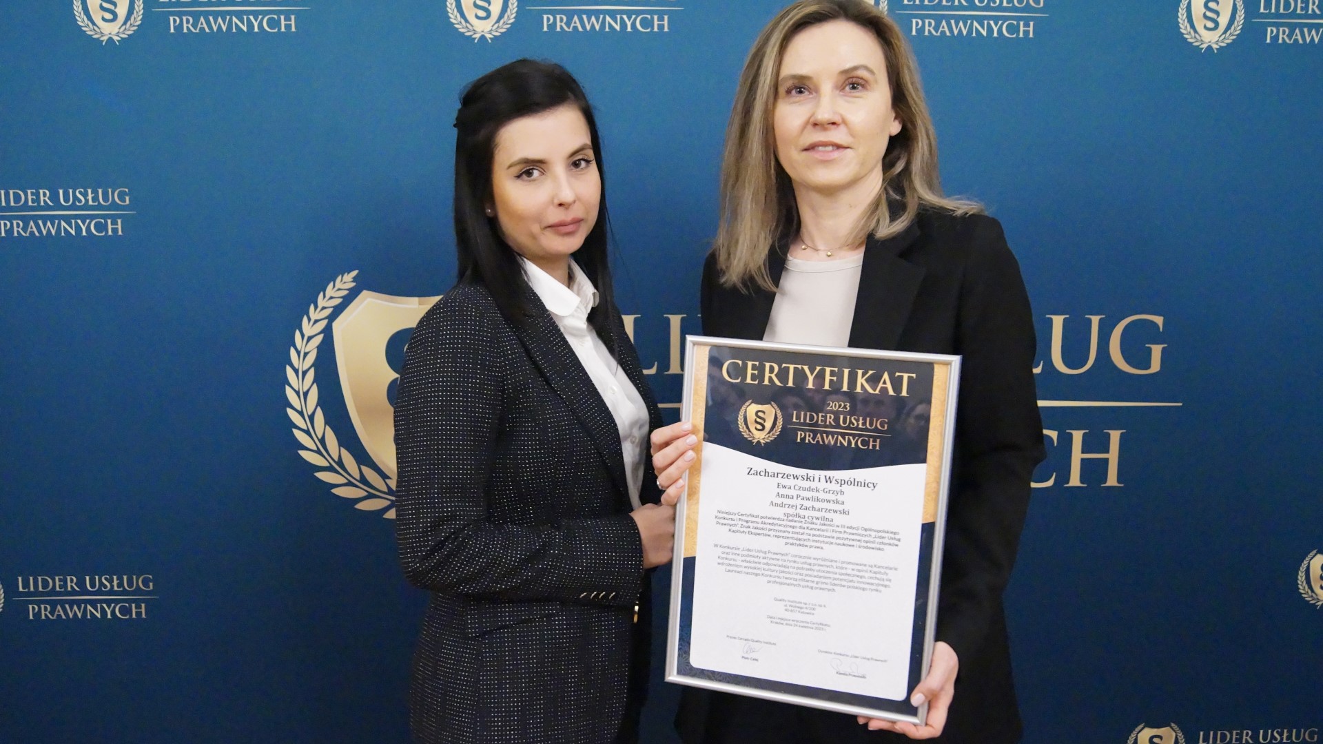 Firma członkowska Izby Kancelaria Zacharzewski i Wspólnicy wyróżniona Certyfikatem „Lider Usług Prawnych 2023”